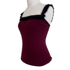 CHLOE K Camisole Tank Top Maroon Black Fuzzy Faux Fur Strap M Y2K Deadstock NWOT
